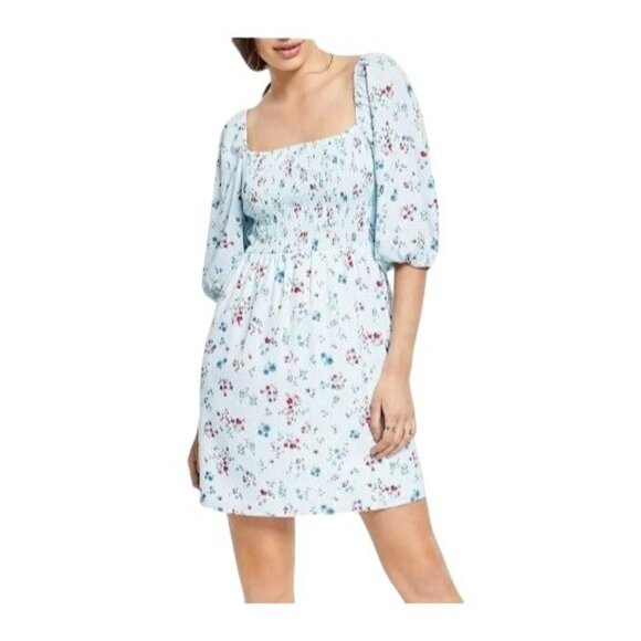 NEW Bar III Womens Smocked Short Fit &‎ Flare Dress Aqua Floral Multi Size S - Picture 2 of 13